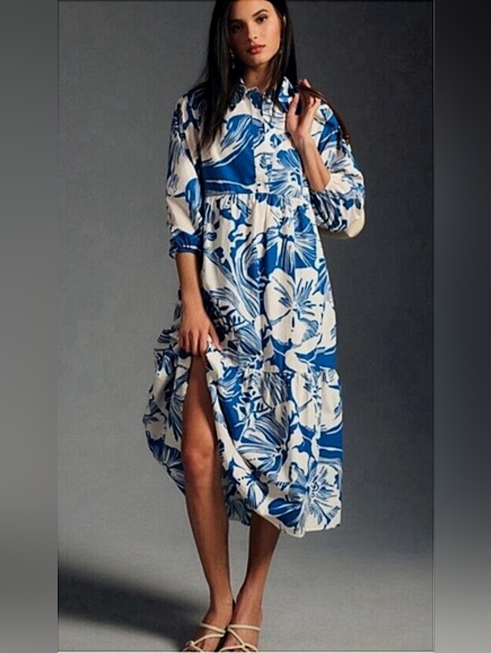 Anthropologie The Bettina Tiered Shirt Dress Midi Blue White Floral Print